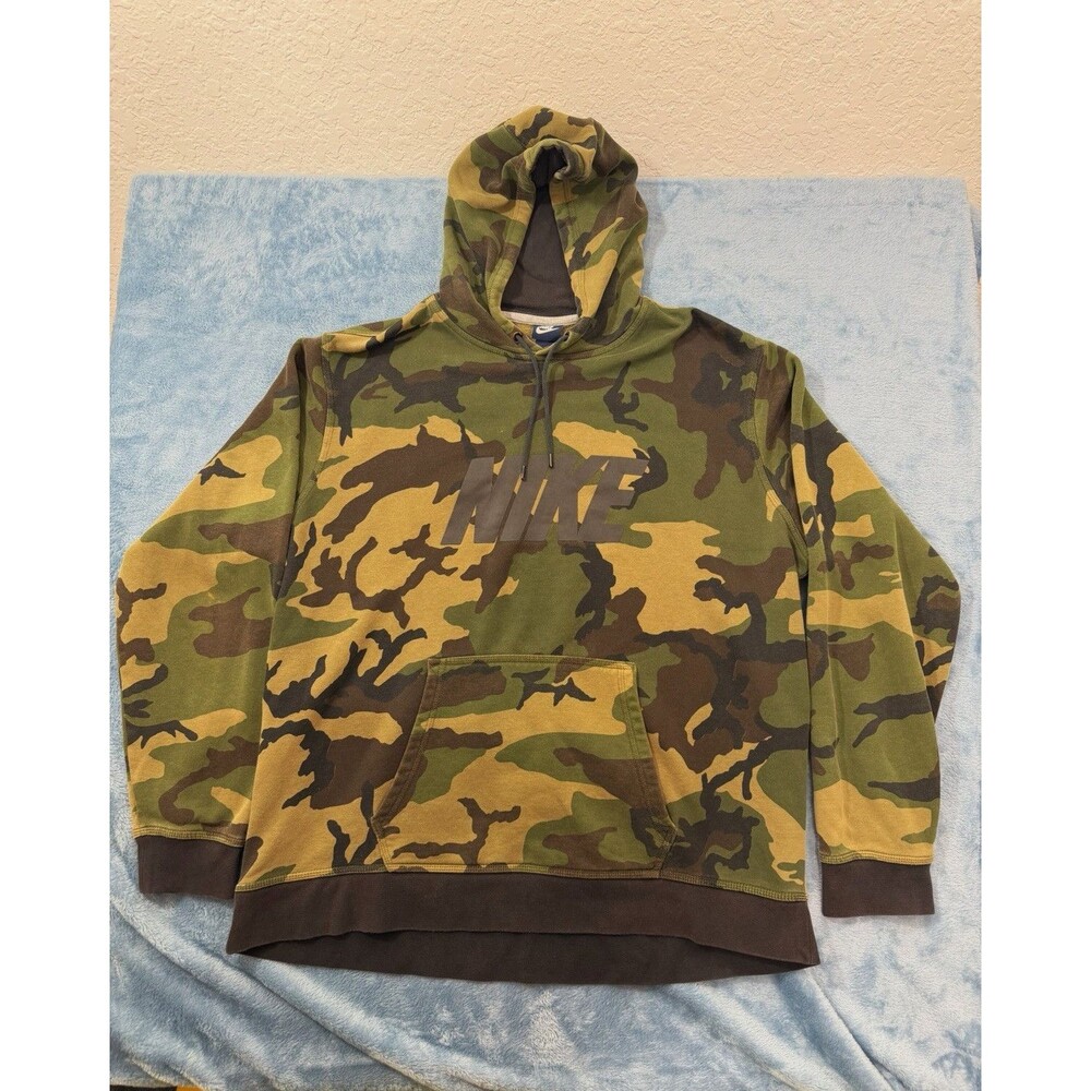 Nike Camo Pullover Hoodie Mens XXL Green Camouflage Big Logo Sweatshirt Warm